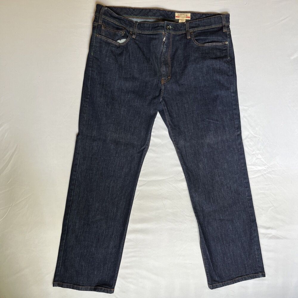 Orvis Men's Jeans 42x30 Dark Wash Indigo Blue Stretch Straight Leg Five Pocket